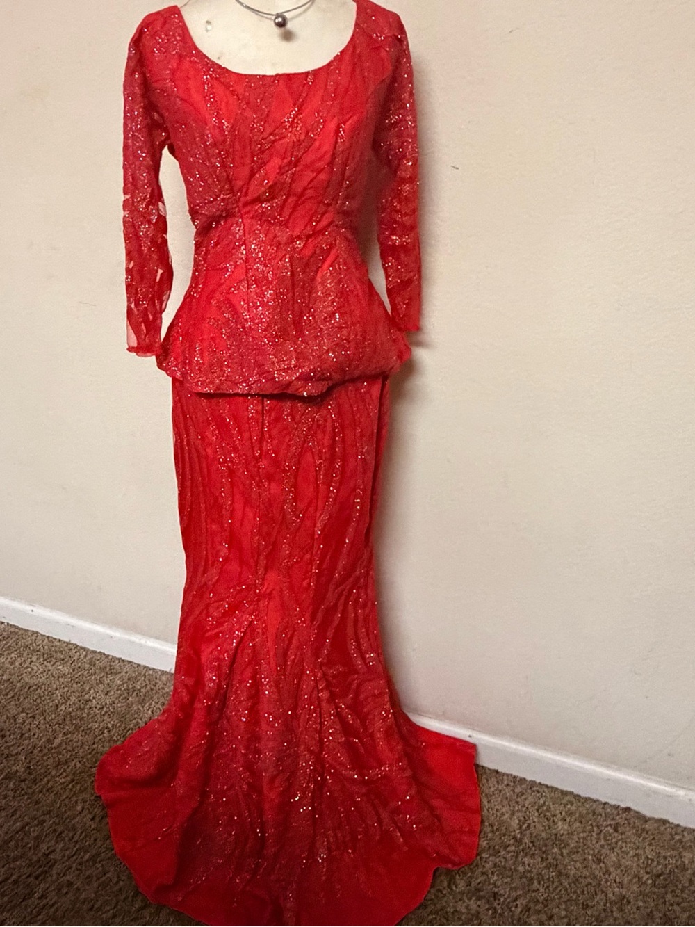 Red Long Sleeve Sequin Peplum Evening Gown